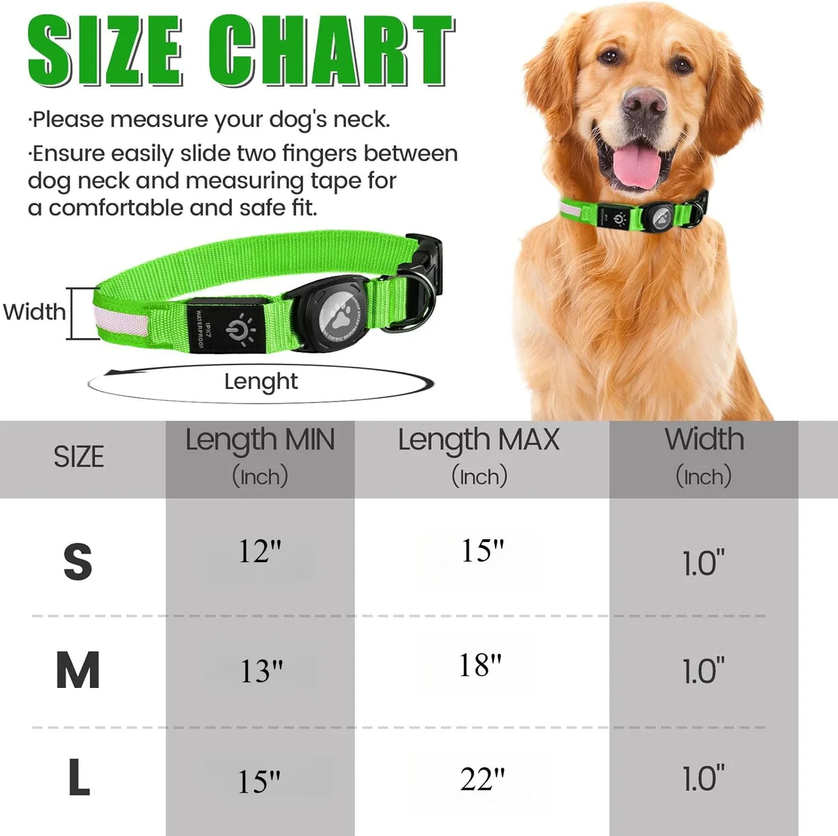 Rechargeable LED Dog Collar with Built-In AirTag Holder — Waterproof & Reflective