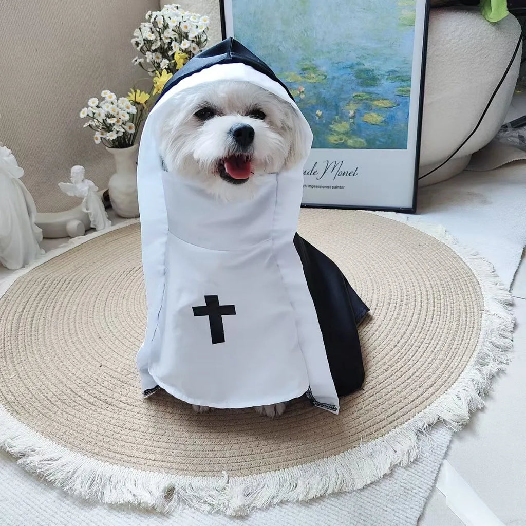 Nun Costume for Dogs & Cats – Halloween Cosplay Outfit with Cross